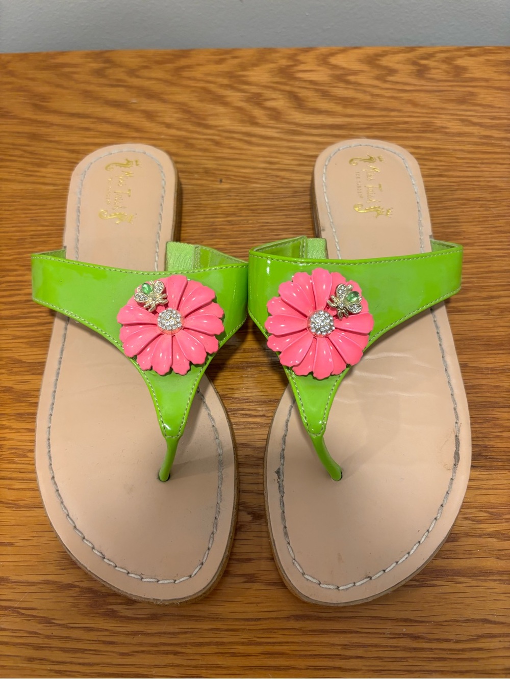 Miss Trish Lime Green Patent Thong Sandals with Pink Floral Accent